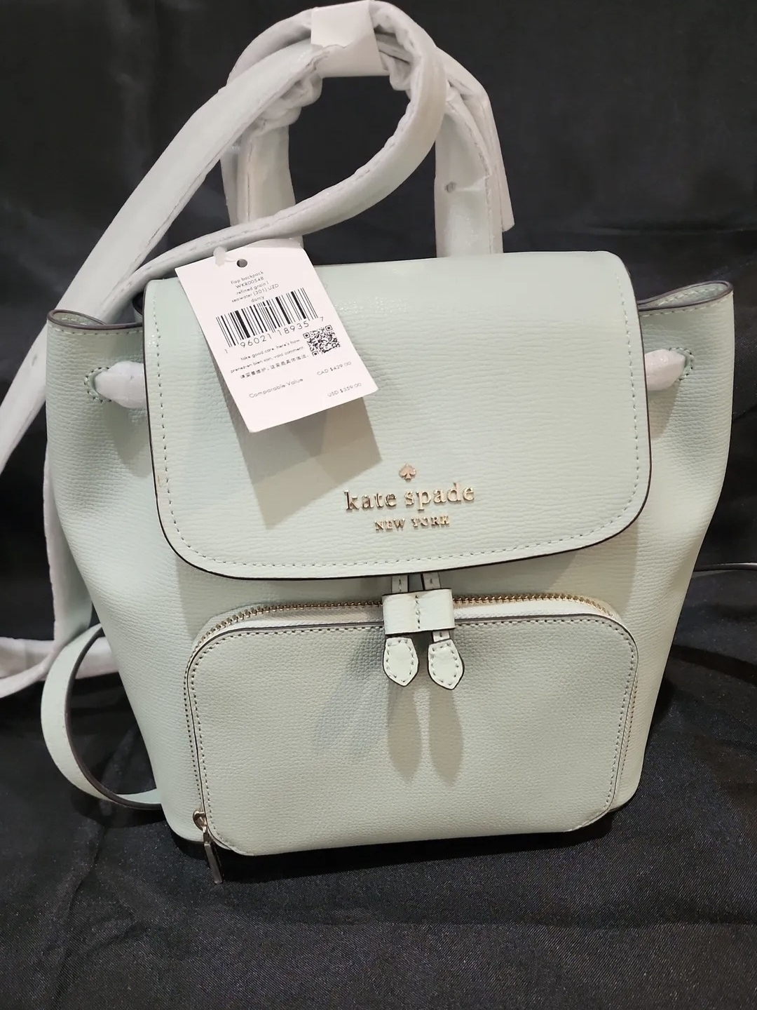 Kate Spade Mint Green Leather Backpack With Front Zip Pocket